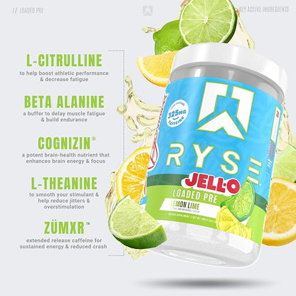 Ryse Loaded Pre Workout Powder Supplement for Men & Women | Pumps, Energy, Focus | Beta Alanine + Citrulline | 325mg Caffeine | 30 Servings (Jell-O Lemon Lime)