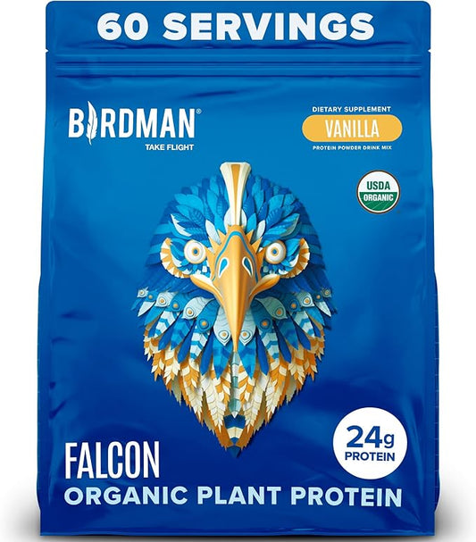BIRDMAN Falcon Vegan Protein Powder Organic, Stevia & Sugar Free, Plant Based Protein, Low Carb, Dairy Free, Keto, Non Whey Protein, Probiotic, Pea Protein | Vanilla Flavor - 60 Servings - 3.9 lb