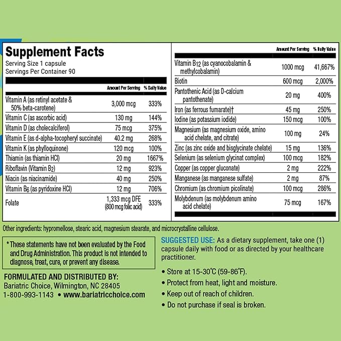 Bariatric Choice Once Daily Bariatric Multivitamin Capsule with 45 mg of Iron (90ct)