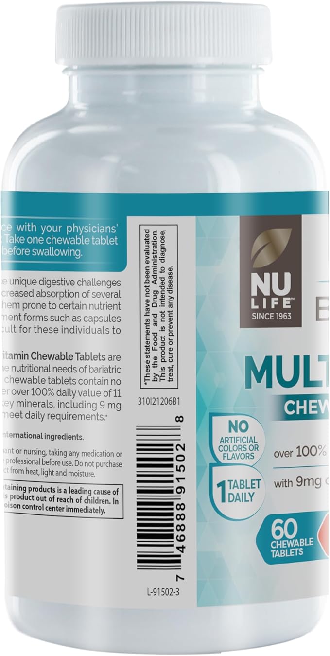 Nu-Life Advanced Bariatrics Multivitamin Chewable Tablets, Bariatric Mulivitamin with Iron - Tropical Berry (60 Chewable Tablets) (Packaging May Vary)