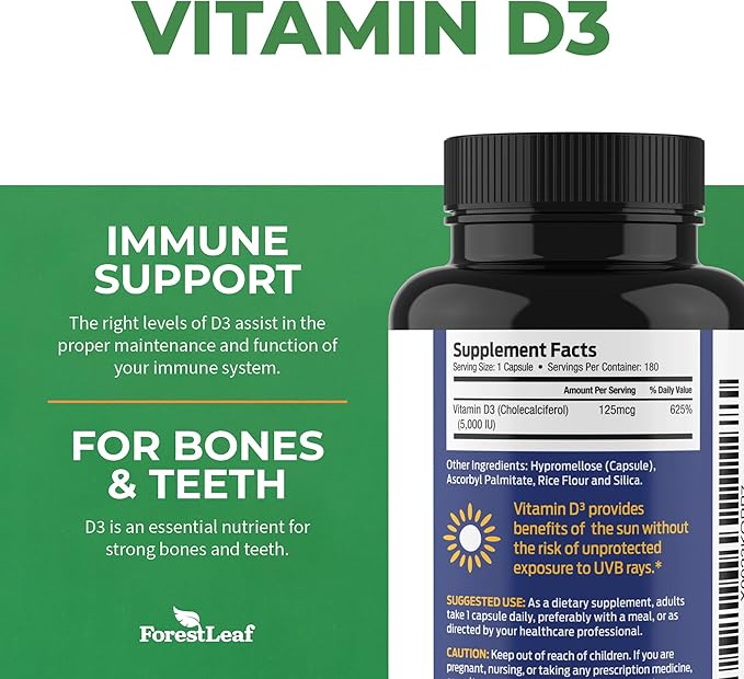 ForestLeaf Vitamin D3 5000 IU - Bone Health and Immune Support - Small Easy to Swallow Vegetable Capsules - Non-GMO Gluten Free VIT D - VIT D3 Vitamin D Supplements for Women and Men, 180 Count