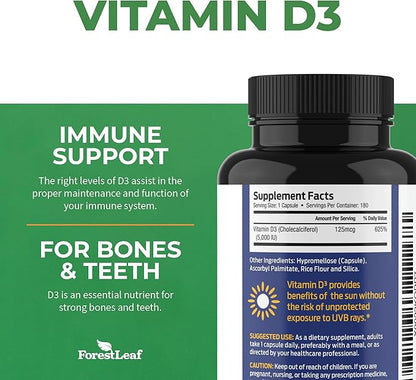 ForestLeaf Vitamin D3 5000 IU - Bone Health and Immune Support - Small Easy to Swallow Vegetable Capsules - Non-GMO Gluten Free VIT D - VIT D3 Vitamin D Supplements for Women and Men, 180 Count