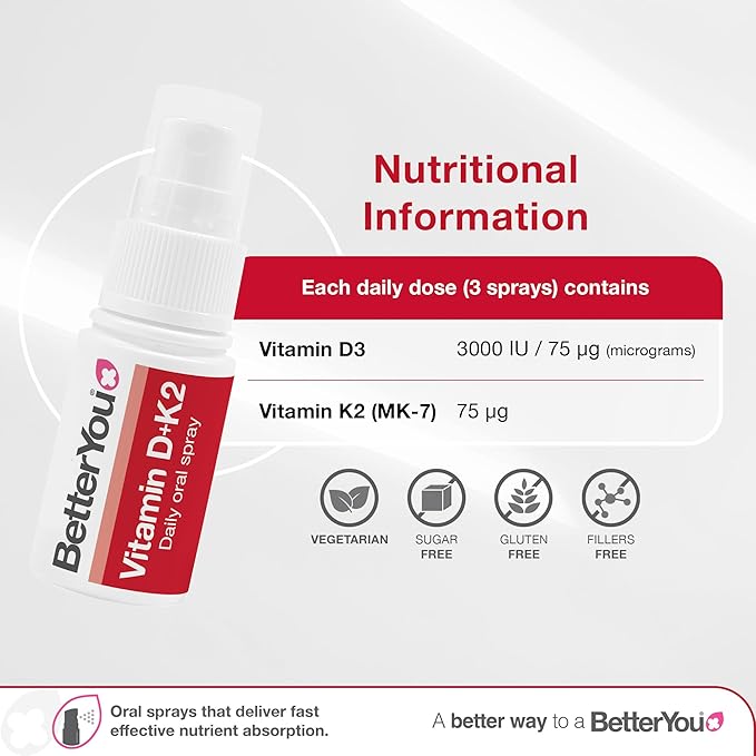 BetterYou D3000 and K2 Vitamin D Daily Oral Spray - Convenient Alternative for Tablets - Supports Bone Health and Boost Immune System - Natural Peppermint Flavor - 0.4 oz