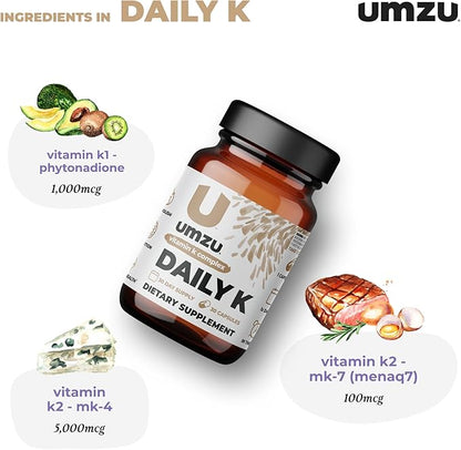 UMZU Daily K | Vitamin K Complex with K1, MK4 & MK7 | Support Bones, Cardiovascular Function, Blood Flow & Cognition w/Liquid D3 (30 Day Supply | 30 Capsules)