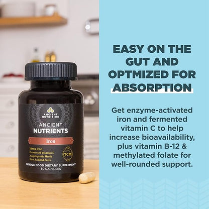 Iron Supplement by Ancient Nutrition, 18mg per Serving, Supports Response to Fatigue and Stress, Adaptogenic Herbs, Enzyme Activated, Paleo & Keto Friendly, 30 Capsules