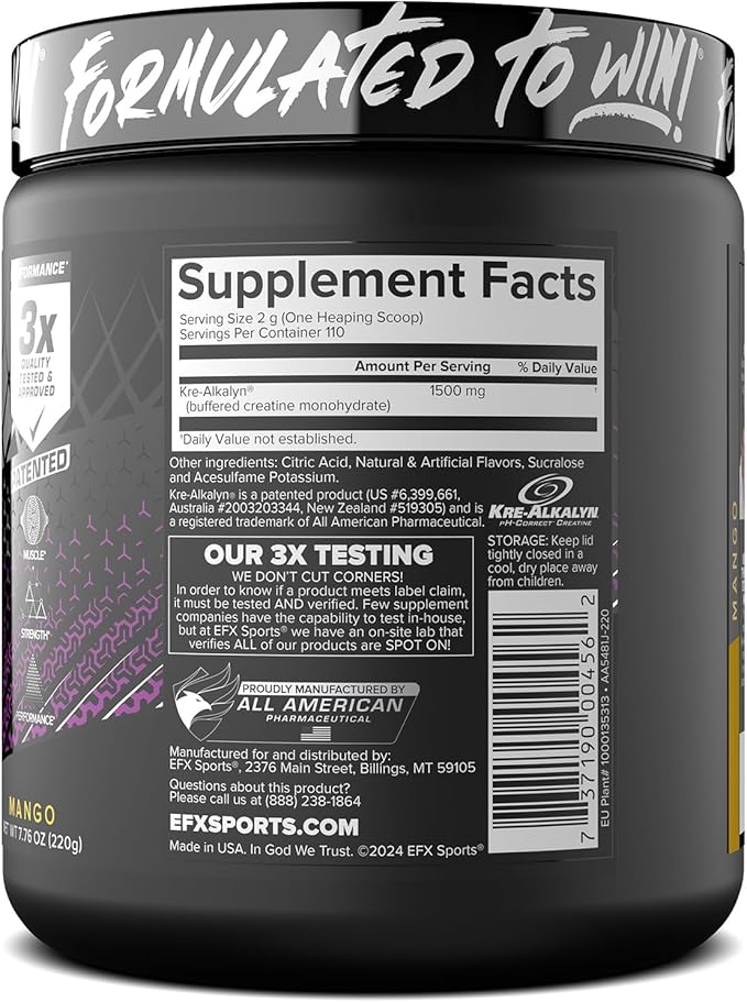 EFX Sports Kre-Alkalyn EFX Powder | pH Correct Creatine Monohydrate Powder Supplement | Strength, Muscle Growth & Performance | 110 Servings (Mango)