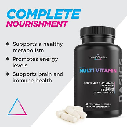 Livingood Daily Methylated Multivitamin for Women & Men, Multi Vitamin - Mineral Supplement Capsules with Iron, B Complex, Selenium, & Zinc - Non-GMO, Gluten-Free, Vegetarian Multi Vitamins for Adults