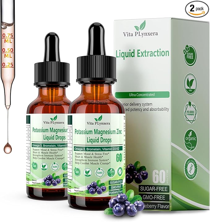 2 Pack Potassium Magnesium Supplement Liquid Drops Plus Calcium Omega-3 D3 B6 K2, Organic Liquid Potassium Magnesium Aspartate, Citrate, for Leg Cramp, Vascular Muscle & Electrolyte Balance