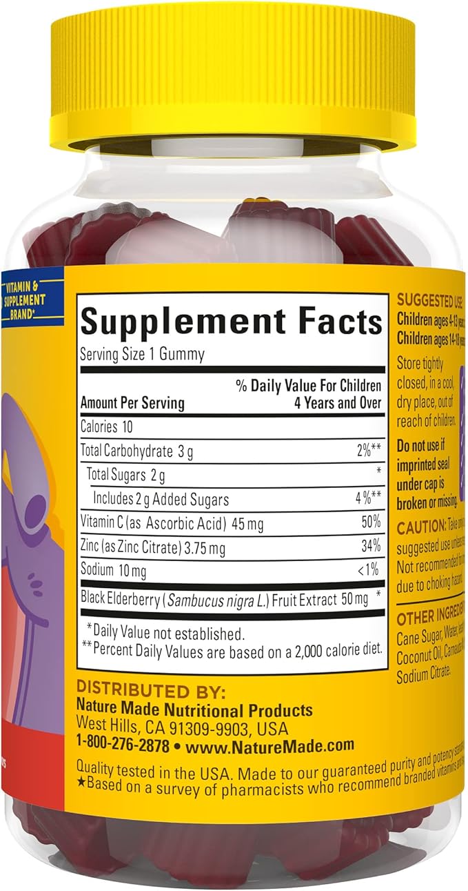 Nature Made Kids First Elderberry with Vitamin C and Zinc, Dietary Supplement for Immune Support, 40 Elderberry Gummies