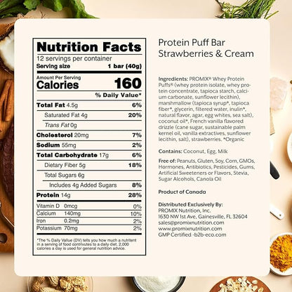 Promix Whey Protein Isolate Puff Bar, 12 Count |Low Carb Healthy Snack with Egg Whites | All Natural, Grass Fed,Gluten Free, Low Sugar, Soy Free (Strawberries & Cream)