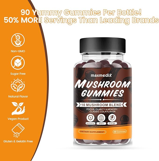 Mushroom Gummies - 10x Mushroom Supplement with Ashwagandha and Lions Mane - Brain Booster, Immune Support, Energy - Mushroom Supplement for Men & Women 90 Coke Gummies