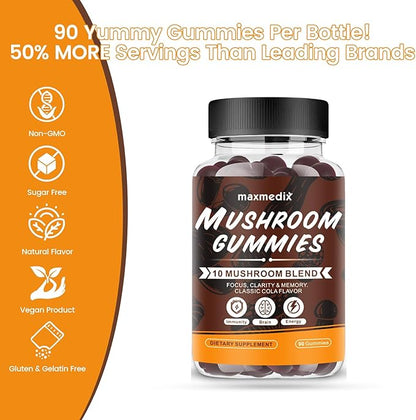 Mushroom Gummies - 10x Mushroom Supplement with Ashwagandha and Lions Mane - Brain Booster, Immune Support, Energy - Mushroom Supplement for Men & Women 90 Coke Gummies
