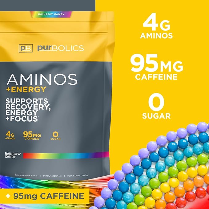 Aminos + Energy | Supports Recovery, Energy & Focus | 95mg of Caffeine, 0 Sugar & 60 Servings (Rainbow Candy)