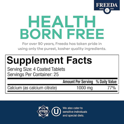 Freeda Calcium Citrate - Kosher Vegan Calcium Supplement for Women & Men - Bone Health & Joint Support - Calcium 1000mg per Serving - Calcium Citrate 1000mg Tablets Calcium Without Vitamin D (250 Ct)