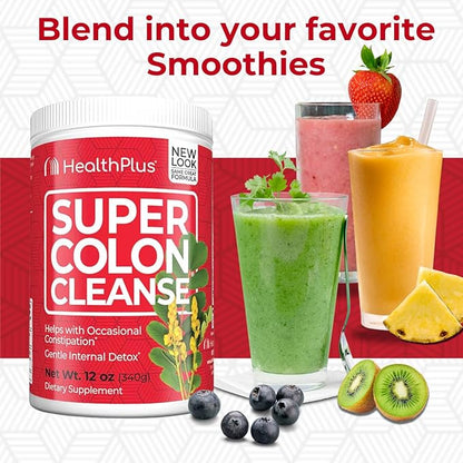 Health Plus Super Colon Cleanse, 12 oz Powder, 68 Servings - Natural Detox, Digestive Constipation Relief, Gentle Gut Cleanse with Psyllium Husk & Senna Leaf