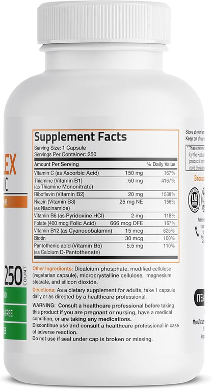 Bronson Vitamin B Complex with Vitamin C - Immune Health, Energy Support & Nervous System Support - Non-GMO, 250 Vegetarian Capsules