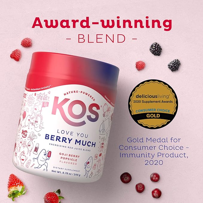 KOS Reds Superfood Powder for Antioxidants - USDA Certified Organic Beet Root, Goji Berries, Acai, Pomegranate, Coconut Water & Digestion Enzymes- Goji Berry Popsicle Flavor Juice Mix - 28 Servings