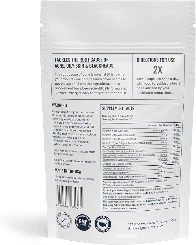POREFAVOR Acne Supplements – Includes DIM, Zinc + 10 actives targeting the 4 stages of acne development Clear Skin Vitamins for Spots, Blemishes & Oil Control, for Women, Men, & Teens (1 Month Supply)