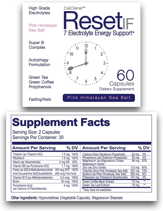 ResetIF Intermittent Fasting, 7 Energy Electrolytes, Methyl B12 and Methyl Folate, Pink Salt, Green Tea & Green Coffee Extracts, B Complex, Zinc, 72 Trace Minerals