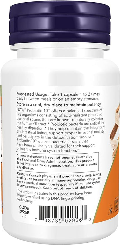 NOW Foods Supplements, Probiotic-10™, 25 Billion, with 10 Probiotic Strains, Dairy, Soy and Gluten Free, Strain Verified, 50 Veg Capsules