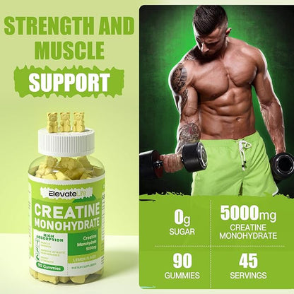 Creatine Monohydrate Gummies 5g for Men Women - Sugar Free Chewable Supplement. 90 Gummies Lemon
