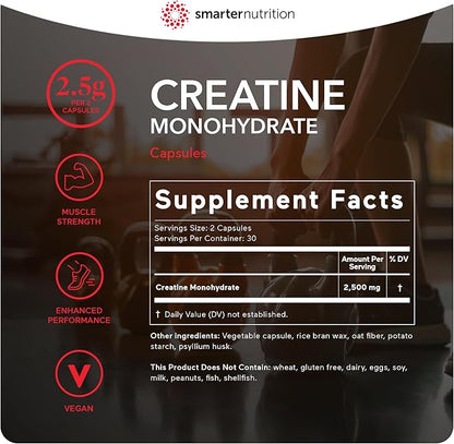 Smarter Nutrition Creatine Monohydrate Pills with 2500mg (2.5g) Per Serving, Vegan Capsules - Pre & Post Workout Recovery Support, Promotes Muscle Mass &. Endurance - 60 Count[30-Day Supply]