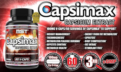MST Capsimax Supplement 100mg V Capsules, 60 Servings Clinically Dosed Weight Management, Thermogenic, Appetite Control, Calorie Burning, Metabolic Health, Stimulant Free. BSCG Certified