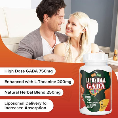 Liposomal GABA with L-Theanine Supplements 1200mg - High Absorption GABA Complex with Ashwagandha, Chamomile, Tart Cherry Herbal Supplements for Men and Women, 60 Softgels