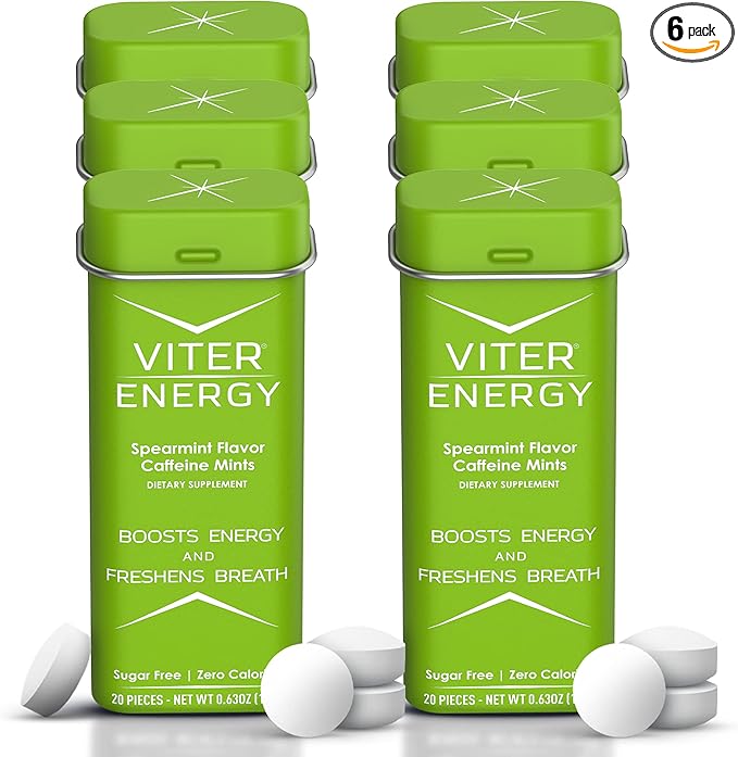 Viter Energy Caffeine Mints (120 Pieces) - 40mg Caffeine, Sugar Free, Vegan Breath Mints, B Vitamin Complex, Energy Caffeine Pills (Spearmint, 6 Pack)