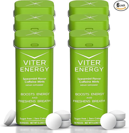 Viter Energy Caffeine Mints (120 Pieces) - 40mg Caffeine, Sugar Free, Vegan Breath Mints, B Vitamin Complex, Energy Caffeine Pills (Spearmint, 6 Pack)