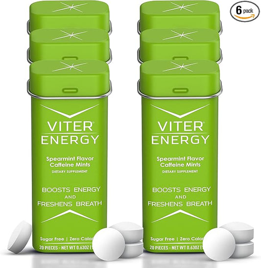 Viter Energy Caffeine Mints (120 Pieces) - 40mg Caffeine, Sugar Free, Vegan Breath Mints, B Vitamin Complex, Energy Caffeine Pills (Spearmint, 6 Pack)