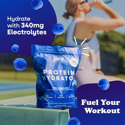 Jive Protein Hydrator Clear Protein Powder - w/Electrolytes, 22g Protein, 100 Calories & 25 Servings - Blue Raspberry - Grass Fed Clear Whey Isolate Protein - Clear Whey Protein Powder