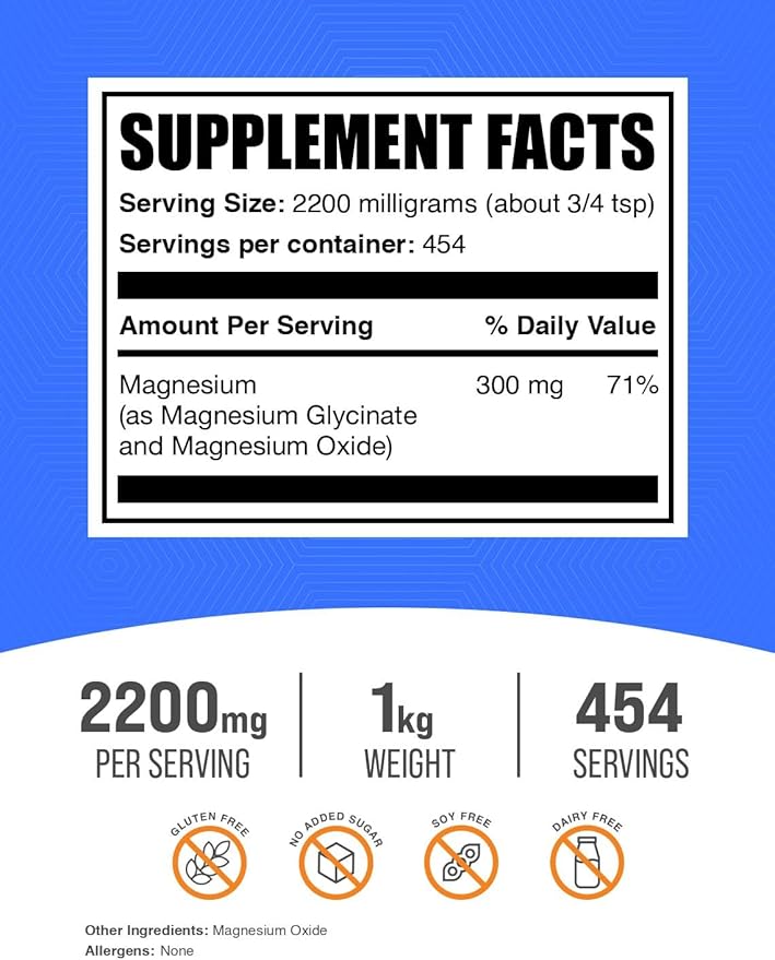 BulkSupplements.com Magnesium Glycinate Powder - Magnesium Bisglycinate, Magnesium Supplement, Magnesium Glycinate 400mg - Gluten Free - 2200mg per Serving, 1kg (2.2 lbs) (Pack of 1)