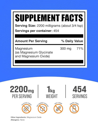 BulkSupplements.com Magnesium Glycinate Powder - Magnesium Bisglycinate, Magnesium Supplement, Magnesium Glycinate 400mg - Gluten Free - 2200mg per Serving, 1kg (2.2 lbs) (Pack of 1)