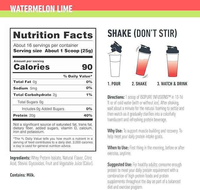 Isopure Protein Powder, Clear Whey Isolate Protein, Post Workout Recovery Drink Mix, Gluten Free with Zero Added Sugar, Infusions- Watermelon Lime, 16 Servings