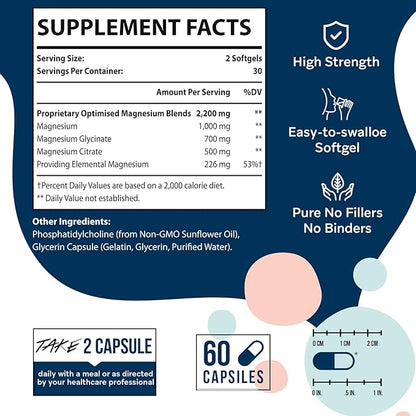 Liposomal Magnesium Complex 2200MG Softgels, Magnesium, Magnesium Glycinate, Magnesium Citrate, A Powerful Supplement, Gluten Free, 60 Softgels