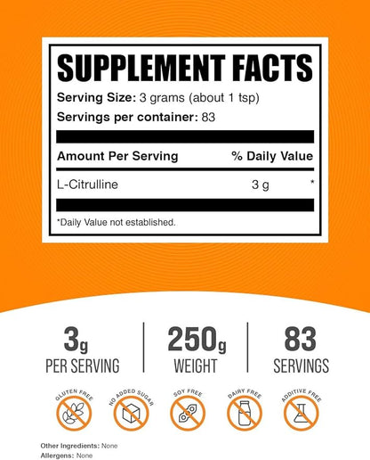 BulkSupplements.com L-Citrulline Powder - Citrulline Supplement, Citrulline Powder - L-Citrulline 3000mg, Unflavored & Gluten Free - 3g per Servings, 250g (8.8 oz) (Pack of 1)