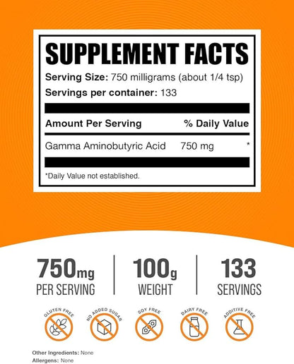 BulkSupplements.com GABA Powder - Gamma Aminobutyric Acid, GABA Supplement, GABA 750mg - Amino Acid Supplement, Gluten Free, 750mg per Serving, 100g (3.5 oz) (Pack of 1)
