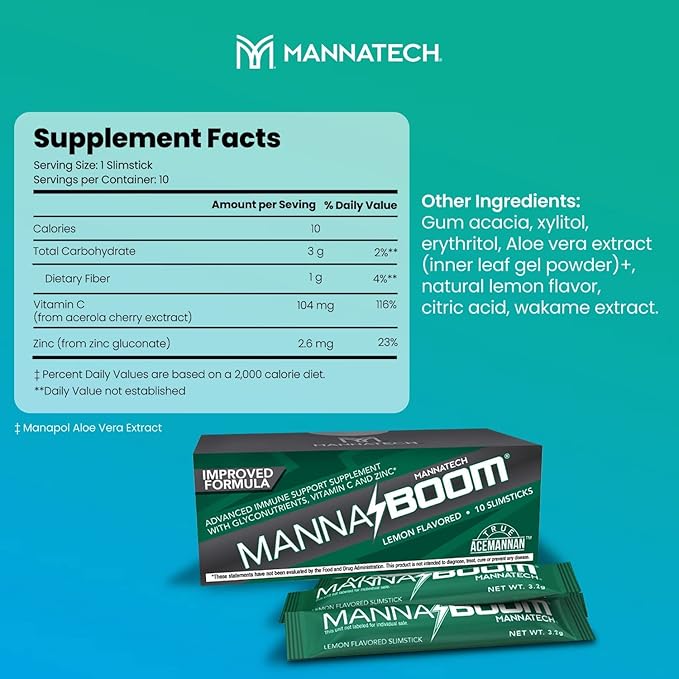 Mannatech Advanced Immune Support Supplement - 150% More Vitamin C, Increased Manapol, Zinc & Glyconutrients for Immunity in MannaBOOM, 30 Slimsticks