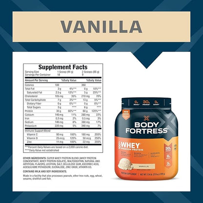 Body Fortress Super Advanced Whey Protein Powder, Vanilla, Immune Support (1), Vitamins C & D Plus Zinc, 1.74 lbs
