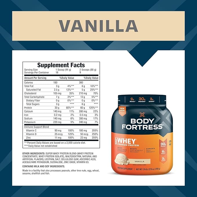 Body Fortress Super Advanced Whey Protein Powder, Vanilla, Immune Support (1), Vitamins C & D Plus Zinc, 1.74 lbs