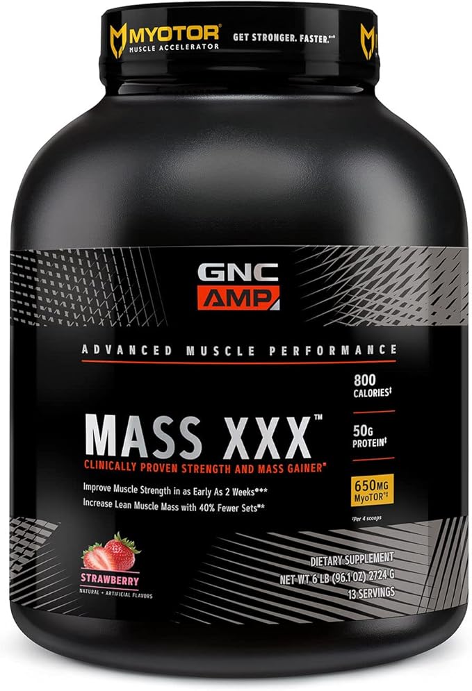 GNC AMP Mass XXX Mass Gainer Protein Powder | 50g Protein | Targeted Muscle Building and Workout Support Formula with MyoTor, BCAA and Creatine |Strawberry | 13 Servings