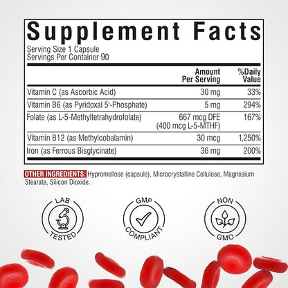 Iron Supplement for Women & Men, with Vitamins C, B6, B12 & Folate for Iron Deficiency, Blood Building & Energy Support, Stomach Friendly, Better Absorption, Non-GMO, No Gluten, 90 Vegan Caps