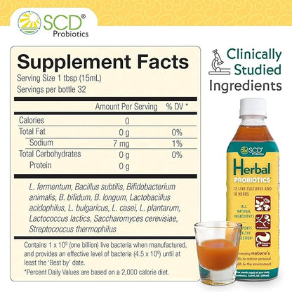 Herbal Probiotics - Bioavailable Liquid Probiotic Supplement, 12 Live Strains incl. Acidophilus, Antioxidants, 18 Herbs incl. Adaptogen Reishi Mushroom - 16.3 fl oz, 30-day supply