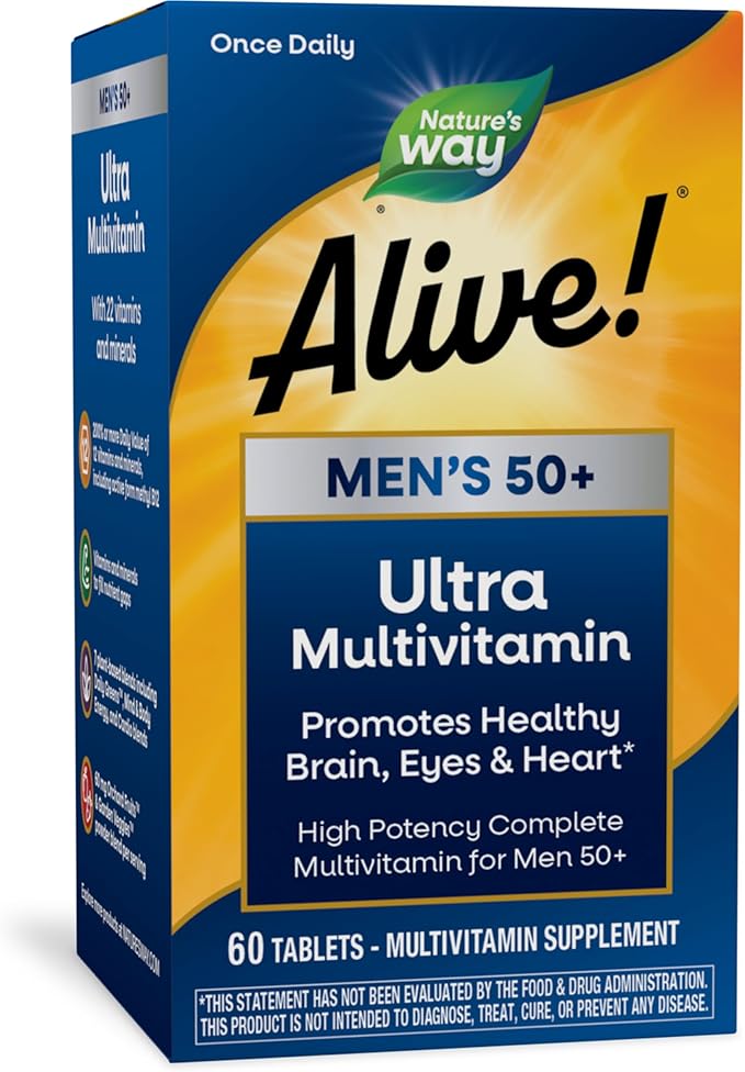 Nature's Way Alive! Men’s 50+ Daily Ultra Multivitamin, High Potency Formula, Supports Healthy Brain, Eyes & Heart*, with Methylated B12, Gluten-Free, 60 Tablets (Packaging May Vary)