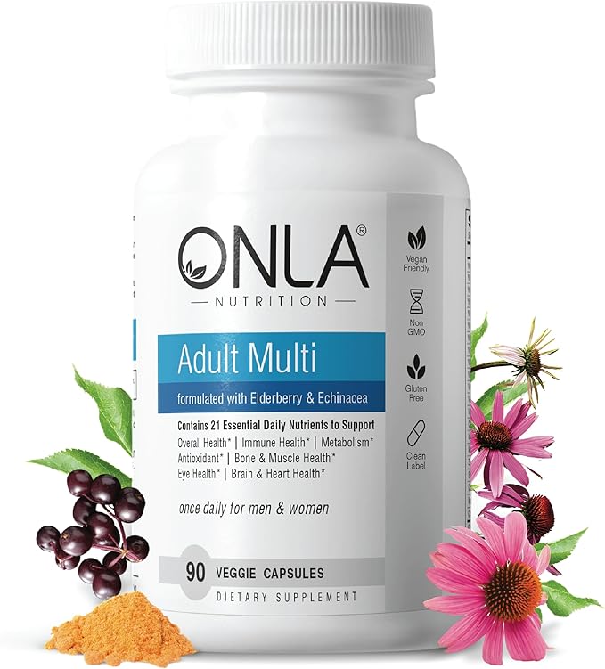 ONLA Elderberry Supplements for Women 80mg - Vegan Multivitamins for Immune Support with Echinacea 20mg, Zinc, Vitamin A,C, D3, & B6 - Non-GMO, Gluten-Free Daily Capsules- 3 Month Supply-Made in USA