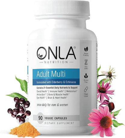 ONLA Elderberry Supplements for Women 80mg - Vegan Multivitamins for Immune Support with Echinacea 20mg, Zinc, Vitamin A,C, D3, & B6 - Non-GMO, Gluten-Free Daily Capsules- 3 Month Supply-Made in USA