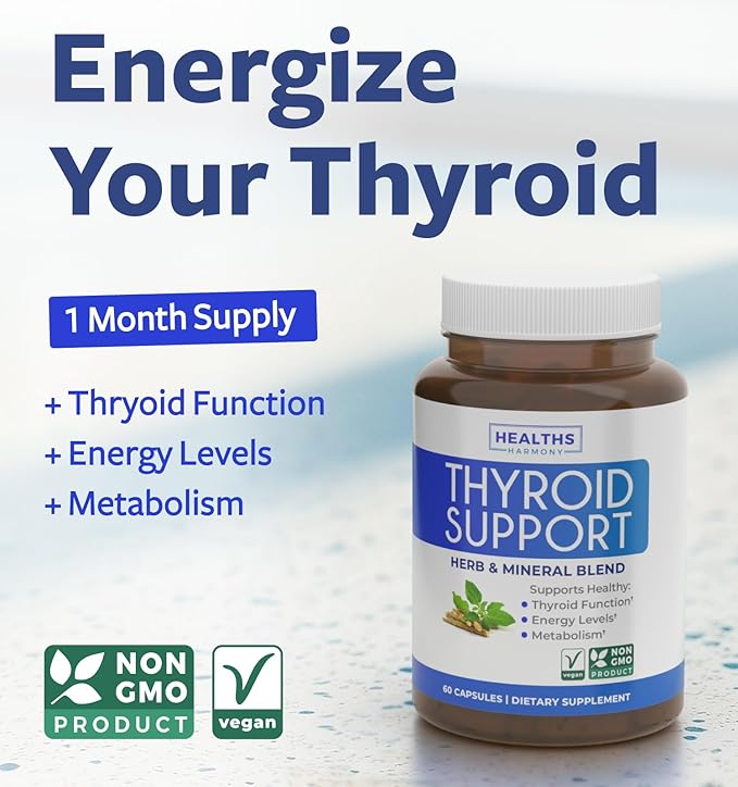 Thyroid Support with Iodine (Non-GMO) Improve Your Energy & Mood - Metabolism Booster for Weight Loss - Thyroid Health Supplement for Women and for Men - Ashwagandha, Zinc, B12 Complex - 60 Capsules