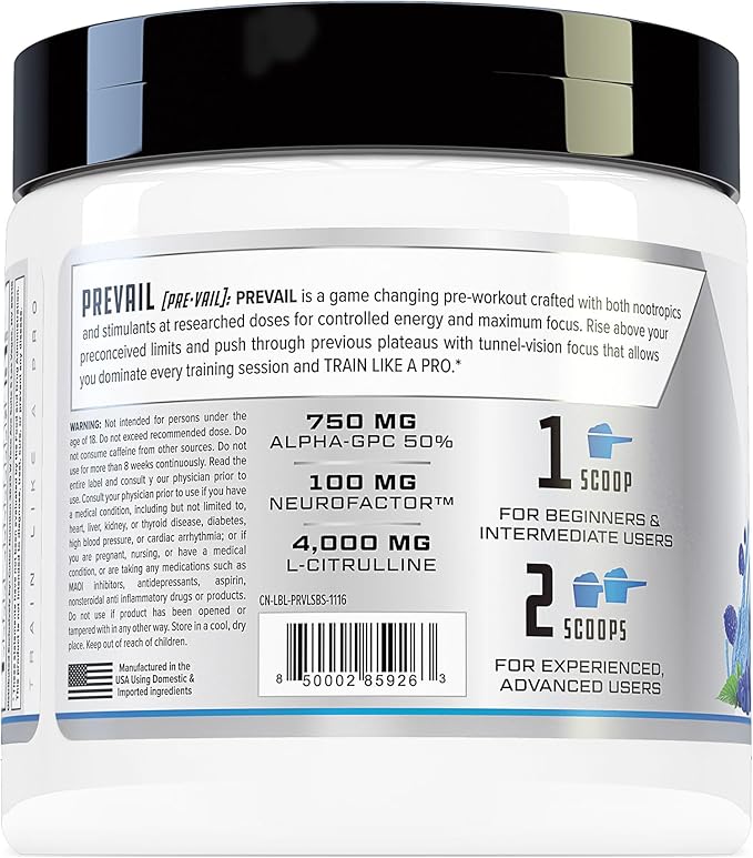 Prevail Pre Workout Powder with Nootropics: Best Pre Workout for Men and Women, Cutting Edge Energy and Focus Supplement with L Citrulline, Alpha GPC, L Tyrosine | Sour Blue Razz, 40 Scoops