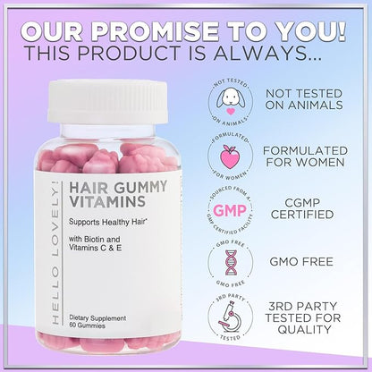 Hello Lovely! Hair Vitamins Gummy with Biotin 5000 mcg Vitamin E & C Support Hair Growth, Premium Vegetarian Non-GMO, for Stronger Beautiful Hair, Skin & Nails Supplement - 60 Bear Gummies